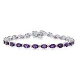 Sterling Silver 4X6 MM Oval Amethyst & Round White Diamond Ladies Tennis Bracelet