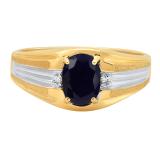 10K White & Yellow Gold 8X6 MM Oval Cabution Star Blue Sapphire & Round Diamond Mens Engagement Ring