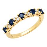 14K Yellow Gold Round Blue Sapphire & White Diamond Ladies Stackable Wedding Band