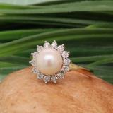 10K Yellow Gold 8 MM Round White Freshwater Pearl & White Diamond Ladies Illusion Engagement Ring
