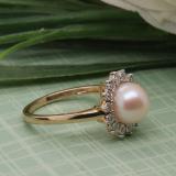 10K Yellow Gold 8 MM Round White Freshwater Pearl & White Diamond Ladies Illusion Engagement Ring
