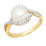 10K Yellow Gold 9 MM Round White Freshwater Pearl & White Diamond Ladies Split Shank Engagement Ring