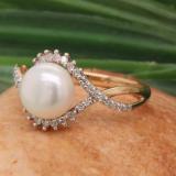 10K Yellow Gold 9 MM Round White Freshwater Pearl & White Diamond Ladies Split Shank Engagement Ring