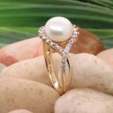 10K Yellow Gold 9 MM Round White Freshwater Pearl & White Diamond Ladies Split Shank Engagement Ring