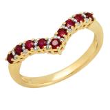 10K Yellow Gold Round Ruby & White Diamond Ladies Wedding Stackable Chevron Guard Band
