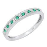 14K White Gold Round Emerald & Diamond Ladies Milgrain Anniversary Wedding Stackable Band
