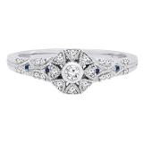 10K White Gold Round Blue Sapphire & White Diamond Ladies Octagonal Frame Engagement Ring
