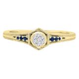 10K Yellow Gold Round Blue Sapphire & White Diamond Ladies Cluster Hexagon Frame Engagement Ring