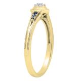 10K Yellow Gold Round Blue Sapphire & White Diamond Ladies Cluster Hexagon Frame Engagement Ring
