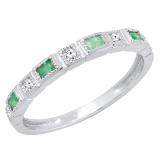 14K White Gold Baguette Emerald & Round White Diamond Ladies Anniversary Wedding Band