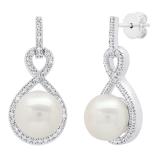 Sterling Silver 8 MM Each Round White Freshwater Pearl & Diamond Ladies Infinity Drop Earrings