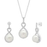 Sterling Silver Round White Freshwater Pearl & Diamond Ladies Infinity Drop Earrings & Pendant Set