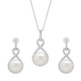 Sterling Silver Round White Freshwater Pearl & Diamond Ladies Infinity Drop Earrings & Pendant Set