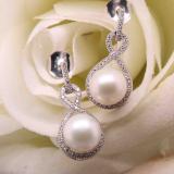 Sterling Silver Round White Freshwater Pearl & Diamond Ladies Infinity Drop Earrings & Pendant Set
