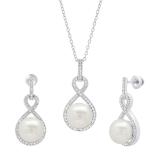 Sterling Silver Round White Freshwater Pearl & Diamond Ladies Infinity Drop Earrings & Pendant Set