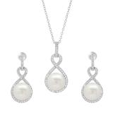 Sterling Silver Round White Freshwater Pearl & Diamond Ladies Infinity Drop Earrings & Pendant Set
