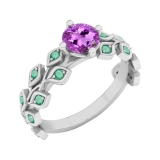 10K White Gold 5.5 MM Round Amethyst & Emerald Ladies Bridal Engagement Leaf Ring