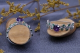 10K White Gold 5.5 MM Round Amethyst & Emerald Ladies Bridal Engagement Leaf Ring