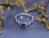 10K White Gold 5.5 MM Round Amethyst & Emerald Ladies Bridal Engagement Leaf Ring