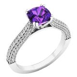 18K White Gold 6 MM Cushion Amethyst & Round White Diamond Ladies Bridal Engagement Ring