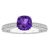 18K White Gold 6 MM Cushion Amethyst & Round White Diamond Ladies Bridal Engagement Ring