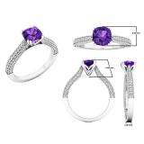 18K White Gold 6 MM Cushion Amethyst & Round White Diamond Ladies Bridal Engagement Ring