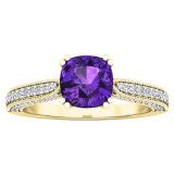 18K Yellow Gold 6 MM Cushion Amethyst & Round White Diamond Ladies Bridal Engagement Ring
