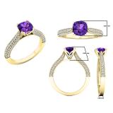 18K Yellow Gold 6 MM Cushion Amethyst & Round White Diamond Ladies Bridal Engagement Ring