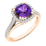 10K Rose Gold 7 MM Cushion Amethyst & Round White Diamond Ladies Bridal Halo Style Engagement Ring