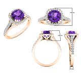 10K Rose Gold 7 MM Cushion Amethyst & Round White Diamond Ladies Bridal Halo Style Engagement Ring