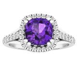 10K White Gold 7 MM Cushion Amethyst & Round White Diamond Ladies Bridal Halo Style Engagement Ring
