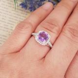 18K White Gold 7 MM Cushion Amethyst & Round White Diamond Ladies Bridal Halo Style Engagement Ring