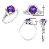 18K White Gold 7 MM Cushion Amethyst & Round White Diamond Ladies Bridal Halo Style Engagement Ring