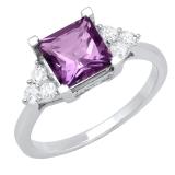 10K White Gold 7 MM Princess Amethyst & Round White Diamond Ladies Bridal Engagement Ring