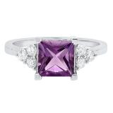 10K White Gold 7 MM Princess Amethyst & Round White Diamond Ladies Bridal Engagement Ring