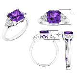 10K White Gold 7 MM Princess Amethyst & Round White Diamond Ladies Bridal Engagement Ring