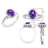10K White Gold 8X6 MM Oval Amethyst & Round White Diamond Ladies Bridal Halo Style Engagement Ring