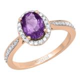 18K Rose Gold 8X6 MM Oval Amethyst & Round White Diamond Ladies Bridal Halo Style Engagement Ring