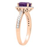18K Rose Gold 8X6 MM Oval Amethyst & Round White Diamond Ladies Bridal Halo Style Engagement Ring