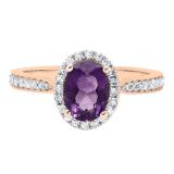 18K Rose Gold 8X6 MM Oval Amethyst & Round White Diamond Ladies Bridal Halo Style Engagement Ring