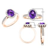 18K Rose Gold 8X6 MM Oval Amethyst & Round White Diamond Ladies Bridal Halo Style Engagement Ring
