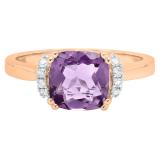 10K Rose Gold 8 MM Cushion Amethyst & Round White Diamond Ladies Bridal Engagement Ring