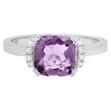 10K White Gold 8 MM Cushion Amethyst & Round White Diamond Ladies Bridal Engagement Ring