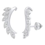 0.35 Carat (ctw) 14K White Gold Round White Diamond Ladies Leaf Shaped Climber Earrings 1/3 CT