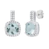 Sterling Silver 7 MM Each Cushion Aquamarine & Round White Diamond Ladies Drop Earrings