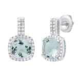 Sterling Silver 7 MM Each Cushion Aquamarine & Round White Diamond Ladies Drop Earrings