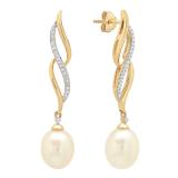 0.08 Carat (ctw) 10K Yellow Gold 8X7.5 MM Each Oval Pearl & Round Diamond Ladies Dangling Earrings