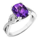 10K White Gold 9X7 MM Oval Amethyst & Round White Diamond Ladies Swirl Split Shank Engagement Ring