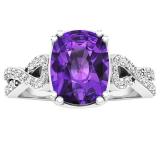 10K White Gold 9X7 MM Oval Amethyst & Round White Diamond Ladies Swirl Split Shank Engagement Ring