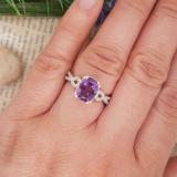 10K White Gold 9X7 MM Oval Amethyst & Round White Diamond Ladies Swirl Split Shank Engagement Ring